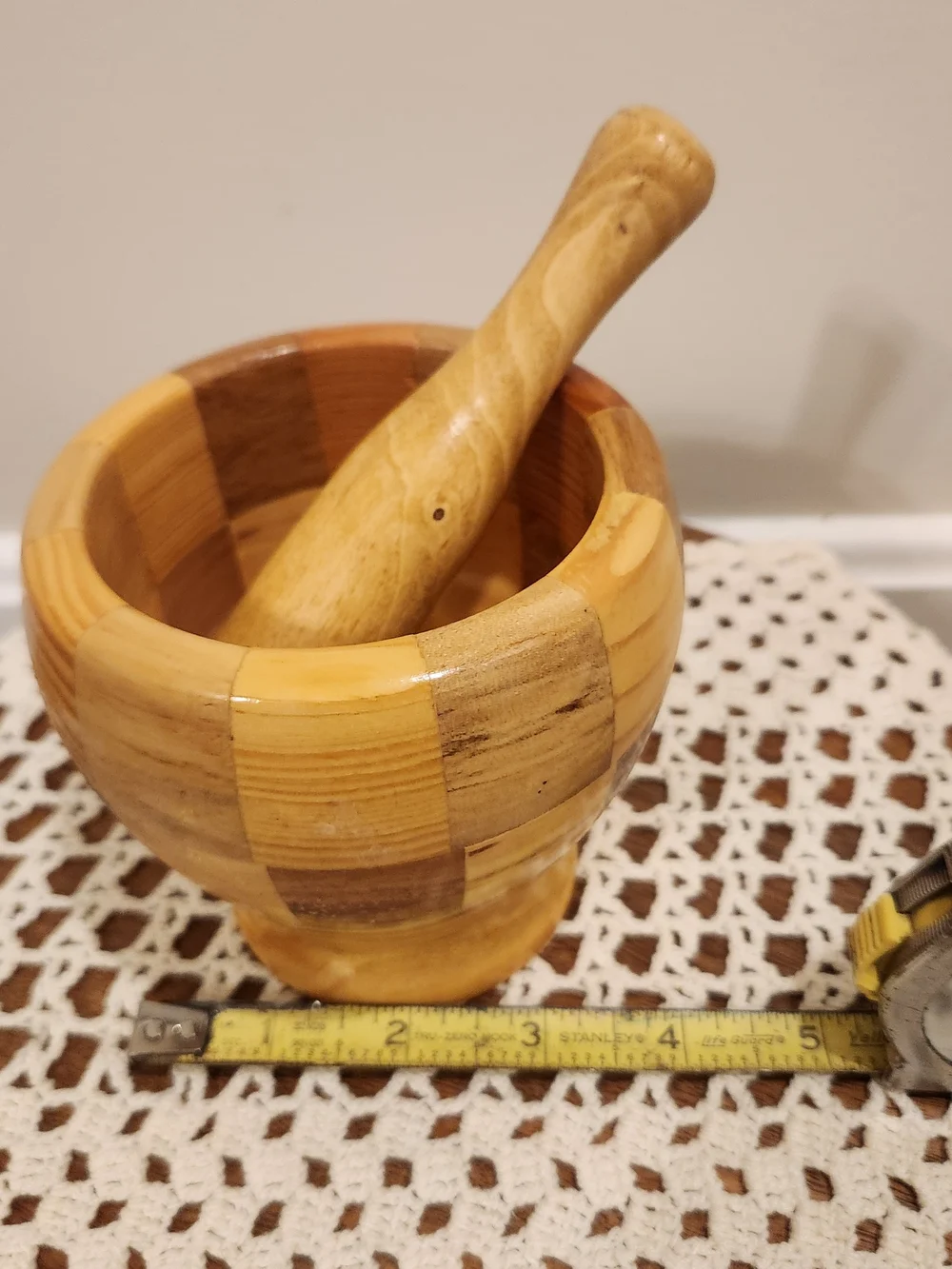 Wooden Mortar and Pestle Set With Checkerboard Pattern